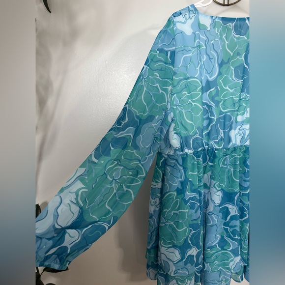 Seta T Women's V Neck Floral Long Sleeve Chiffon Ruffle Mini Dress Green Large - Picture 4 of 7